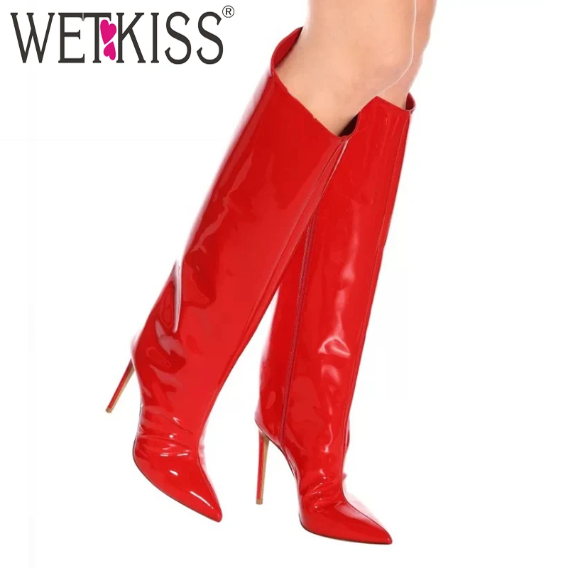 WETKISS/Сапоги до колена из лакированной искусственной кожи женские тонкие ботинки на высоком каблуке Женская пикантная обувь женские вечерние туфли с острым носком зимние большие размеры 43