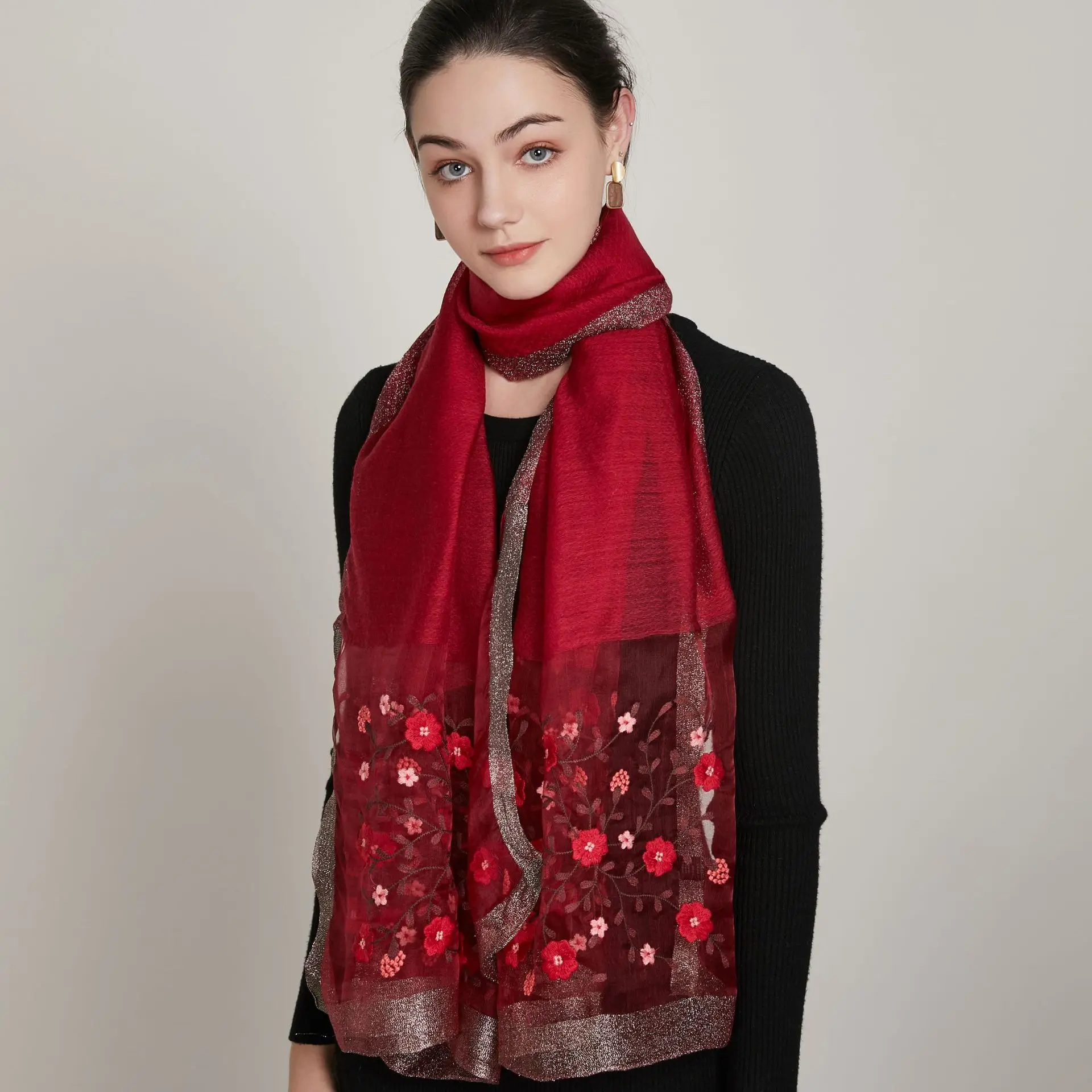 Новый осенне-зимний Шелковый шерстяной вышитый шарф для женщин теплый мам