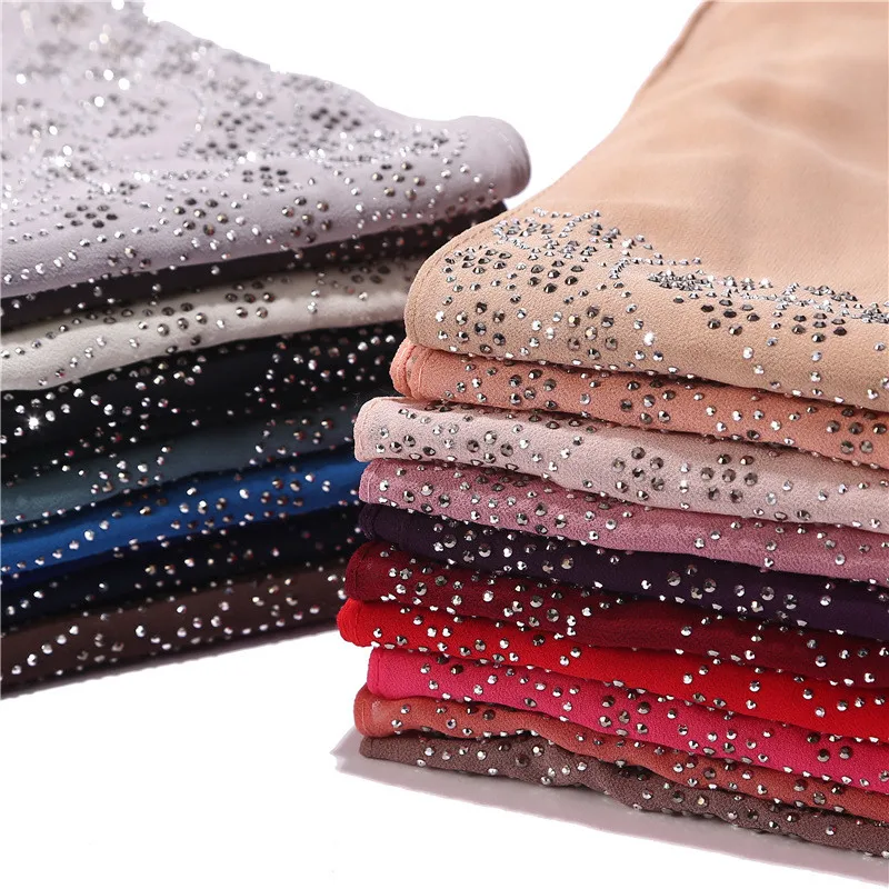 

2019 NEW women rhinestone chiffon solid color muslim head scarf shawls and wraps pashmina bandana female foulard hijab stores