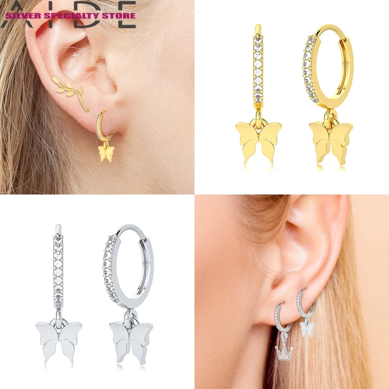 

Aide Pendiente Plata 925 Silver Butterfly Hoop Earrings For Women Crystal CZ Piercing Earring New Design Luxury Fine Jewelry