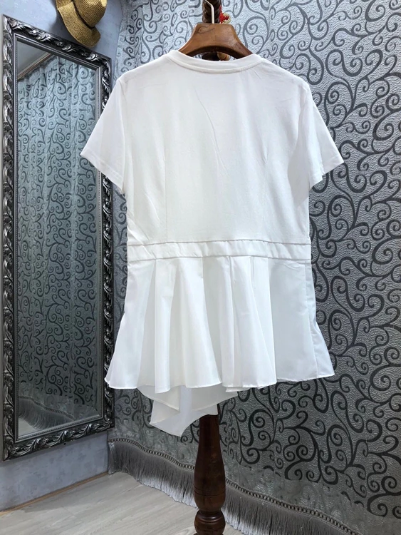 

2021 spring and summer new women's round neck hem stitching decorative short sleeve versatile top 312