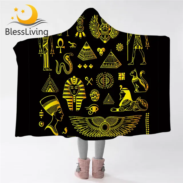 BeddingOutlet Ancient Hooded Blanket Egyptian Sherpa Fleece Blanket Golden Retro Wearable Blanket Luxury Bedding couverture 1