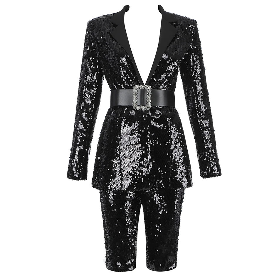 

2021 New Women'S Sexy Deep V-Neck Sequined Jacket + Slim Sequined Straight Five-Point Pants Suit Celebrity Party Fashion Suit
