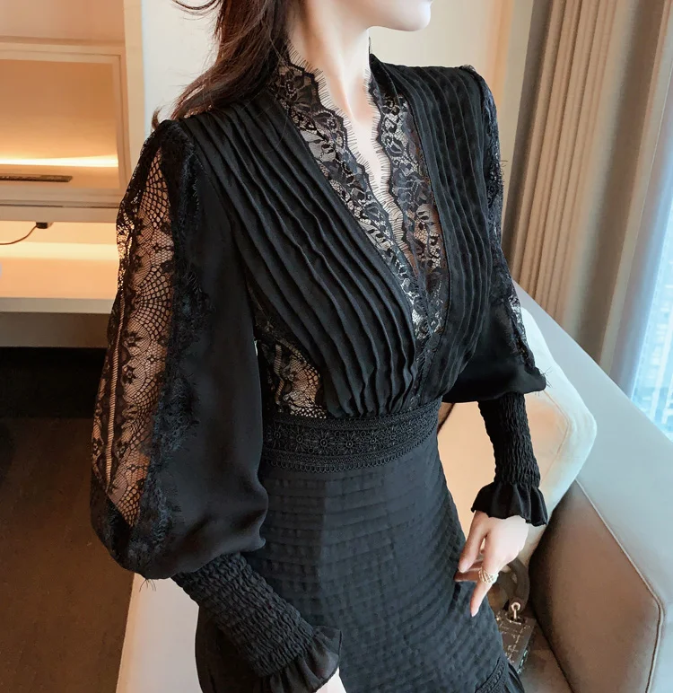 

Maxi Vestidos Spring High Waist Elegant Dresses Female Clothing 2021 New Lantern Sleeve Dress Woman Casual Pink Lace V-neck