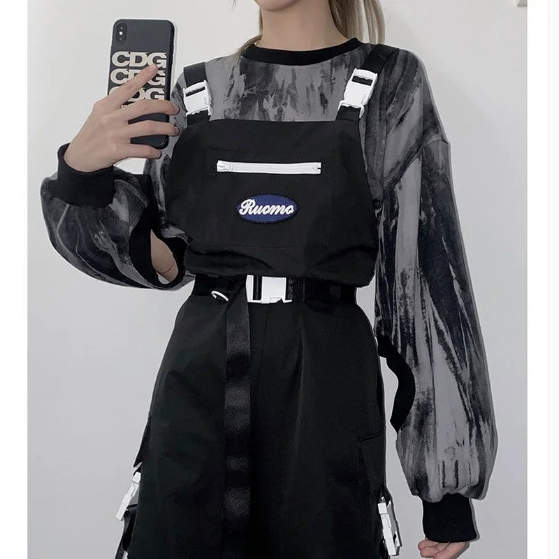 

QWEEK Gothic Techwear Overalls Cargo Pants Women Harajuku Hip Hop Streetwear Oversize Black High Waist Trousers Female Mall Goth