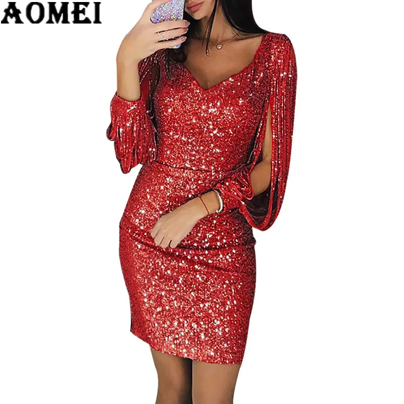 2020 женское блестящее платье с длинным рукавом и блестками элегантное