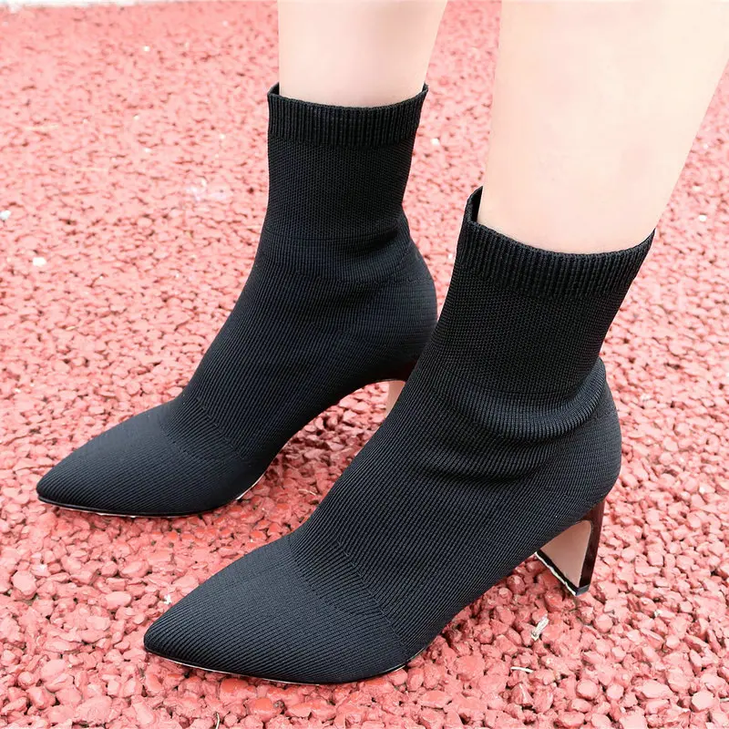Модные облегающие черные женские ботильоны вязаные ботинки на высоком каблуке