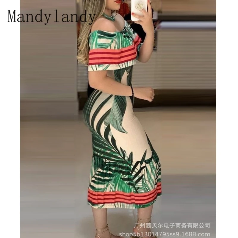 

Mandylandy летнее модное платье с коротким рукавом с принтом вырезом лодочкой с высокой талией женское сексуальное облегающее платье с оборками...