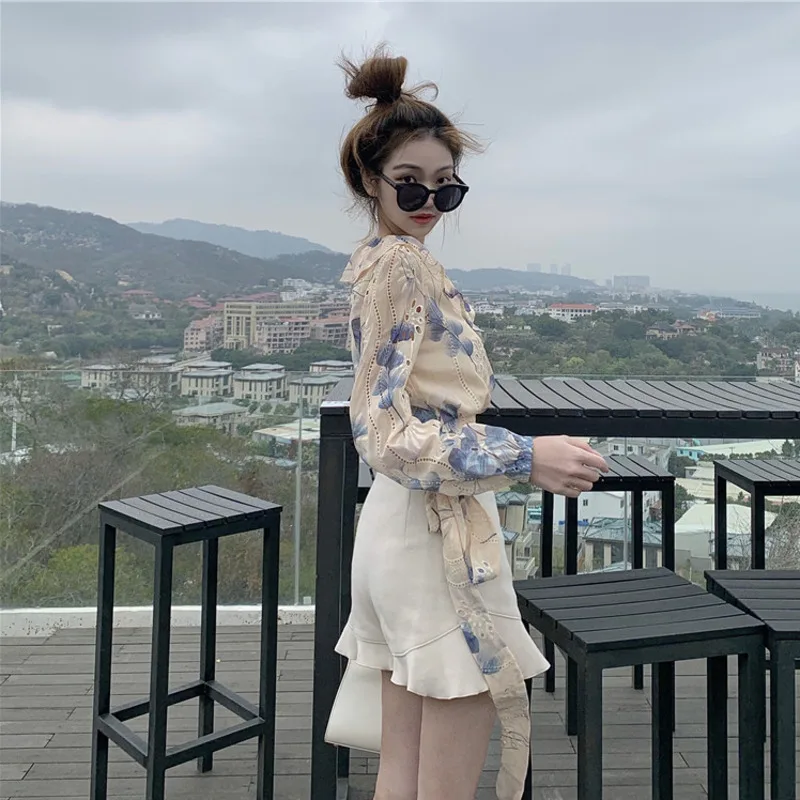 

Summer New Ruffle V-neck Women Blouse Korean Fashion Floral Print Shirt Long Sleeve Bow Tie Sweet Elegant Blusas Mujer