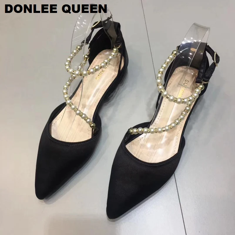 Модные сандалии с бусинами женская брендовая обувь жемчугом острым носком на