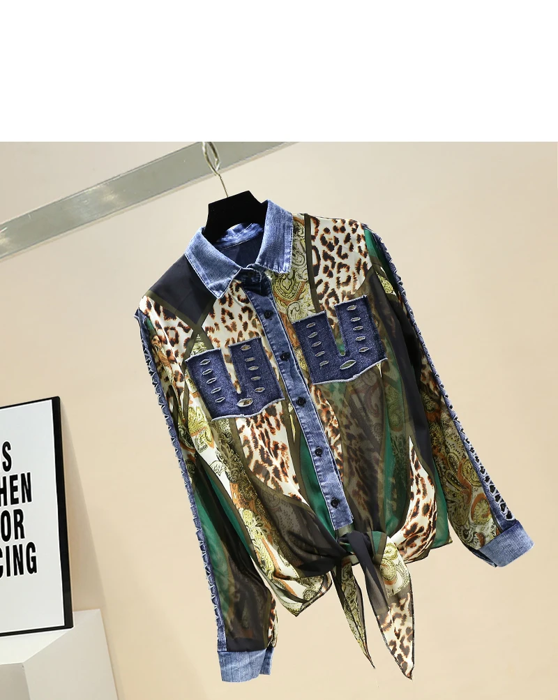 

Spring 2021 Retro Denim Stitching Leopard Print Shirt Women Long-Sleeved Lapel Chiffon Blouse Female Loose Tops Blusas De Mujer