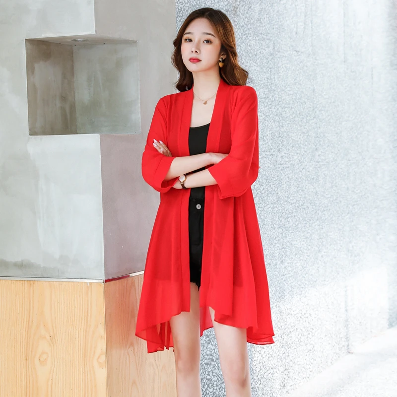 

#3523 Chiffon Sunscreen Long Jacket Women Cardigan Kimono Coat Asymmetrical Summer Jacket Sunscreen Beach Kimono Jacket Thin