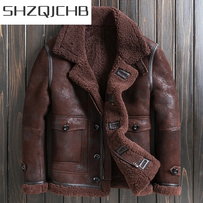 

JCHB 2021 Men Shearling Real Leather Short Hooded Jacket Biker Natural Fur Hat Detachable Outerwear Winter Safari Style Warm Woo