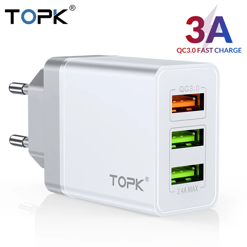 TOPK Quick Charge 3,0 USB зарядное устройство для samsung S10 S9 Xiaomi mi 9 Red mi Note 7 Быстрая зарядка QC 3,0 EU дорожное настенное зарядное устройство для мобильного телефона