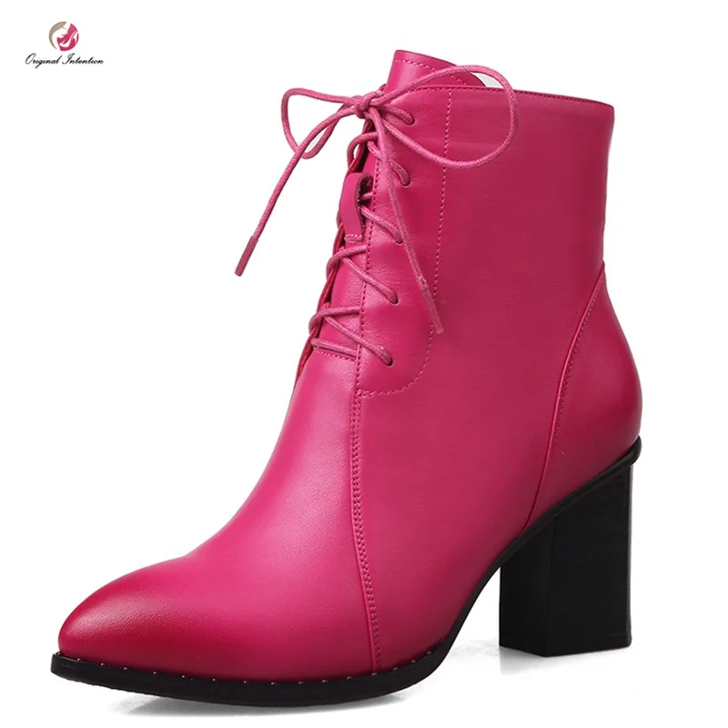 Beli Asli Niat Kulit Asli Sepatu Bot Tinggi Lace-Up Square Heels Boots Menunjuk Toe Merah Muda Kulit Hitam Sepatu Wanita Plus Ukuran