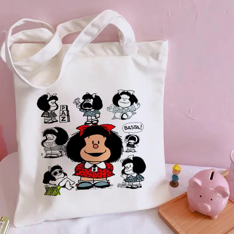 

Shopping Kawaii Bag Mafalda Cute Anime Harajuku Canvas Bag Tote Bag Lady Handbag Large Capacity Shopper Bag Casual Shoulder Bag