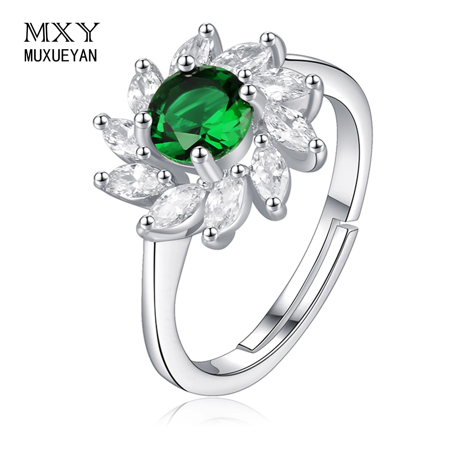 

Sun Flower Emerald Rings For Women Silver Color Wedding Crystal Jewelry 2021 Trendy Newest MUXUEYAN