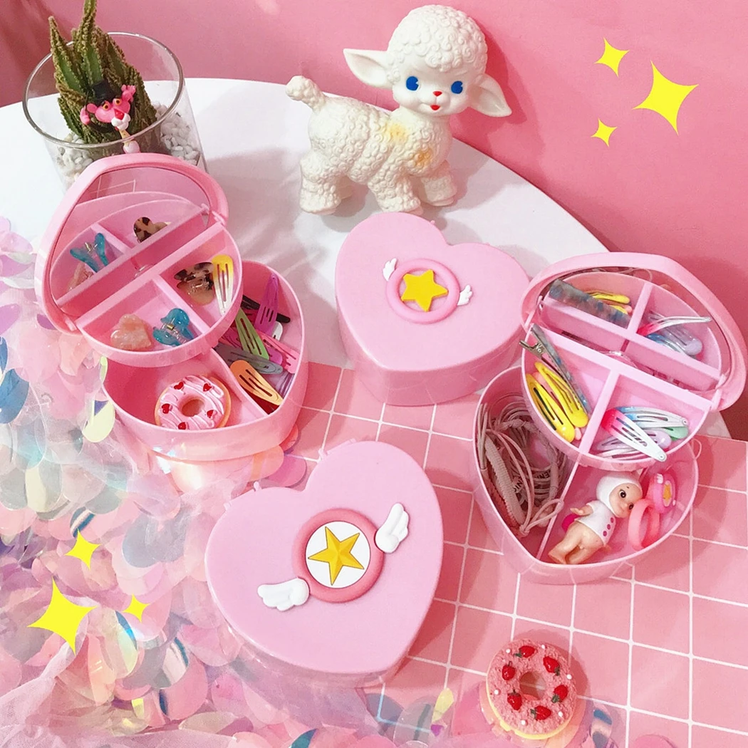 

Jewelry Storage Box Lovely Heart Shaped 2-Layer Jewelry Case Jewelry Container For Girl Hair Clip Storage Earrings Storage