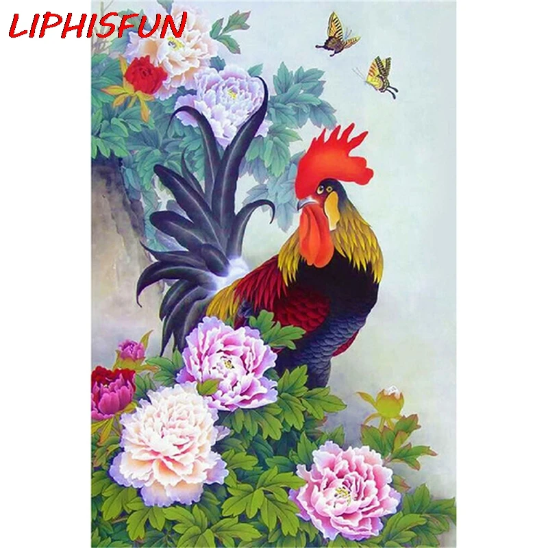

LIPHISFUN Full Drill Diamond Painting Handmade Embroidery Cross Stitch Rhinestone Square/round Home Decor rooster peony picture