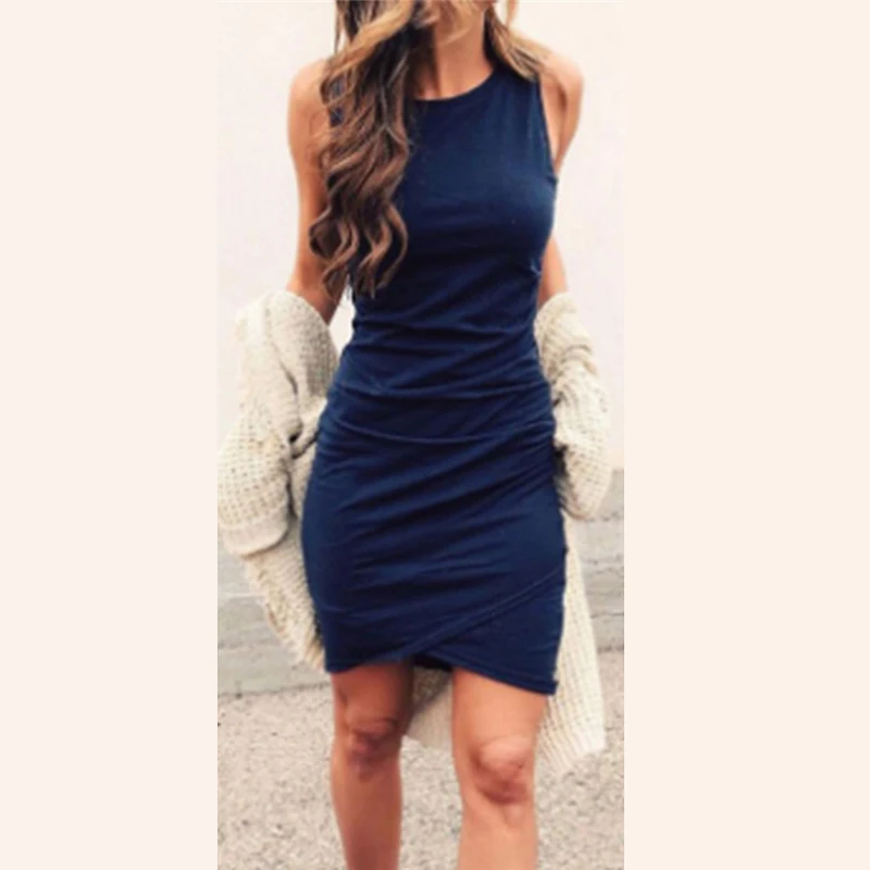 

5 Colors Summer Dress Women Sexy Club Push Up O-Neck Pleated Party Dress Female Bodycon Sleeveless Mini Dress Vestidos Bigsweety