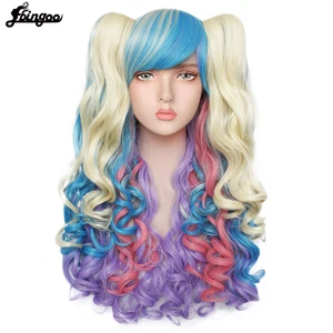 Ebingoo Лолита волнистый косплей парик с челкой для Хэллоуина Синтетический Аниме ролевые игры Волосы Радуга микс разноцветный парик 2 конский хвост