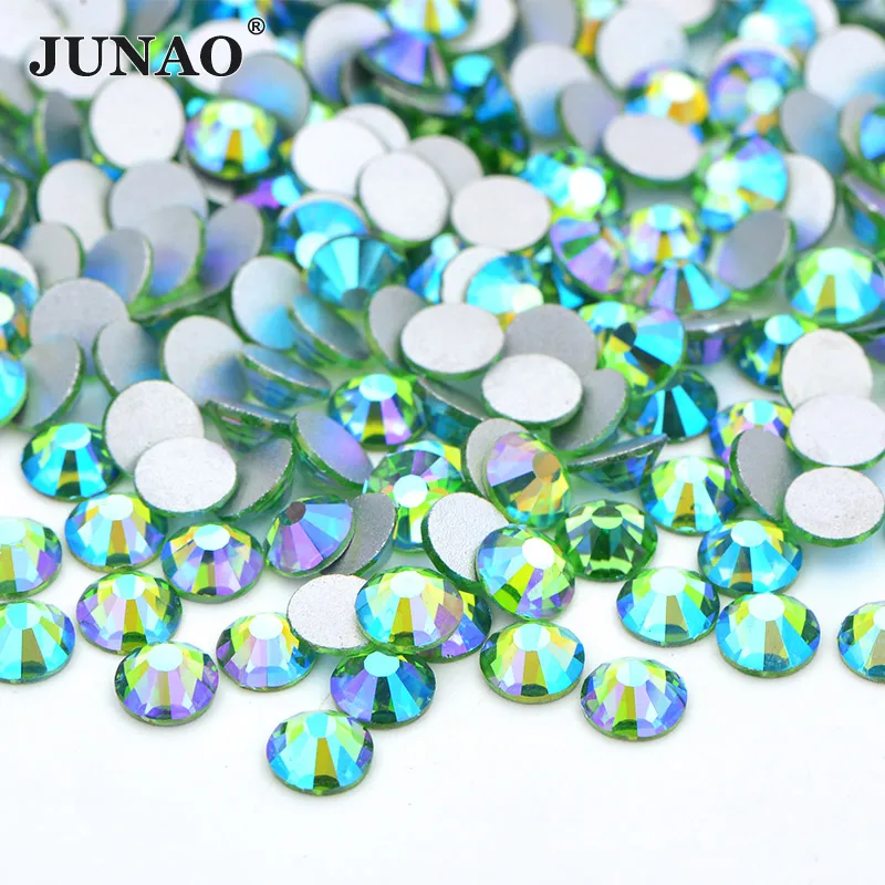 JUNAO SS16 SS20 блестящая Роза AB стеклянные стразы для ногтей с плоской задней частью хрустальные камни аппликация без горячей фиксации Стразы для рукоделия одежды - Цвет: Light Green AB