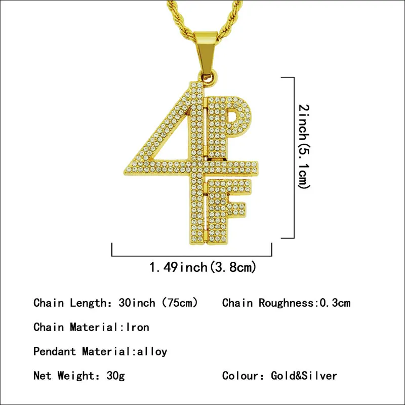 

Fashion Men Gold Plated 4PF Street Style Chain Pendant Necklace Iced Out Bling Letter Number Hip Hop Jewelry