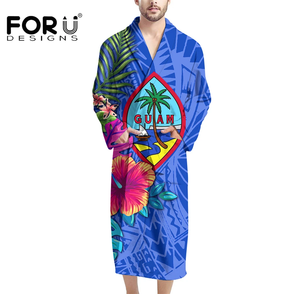 

FORUDESIGNS Polynesian and Hibiscus Men's Blue Bathrobe V-neck Casual Loose Loungewear SPA Cotton Bath Robe for Men Халаты