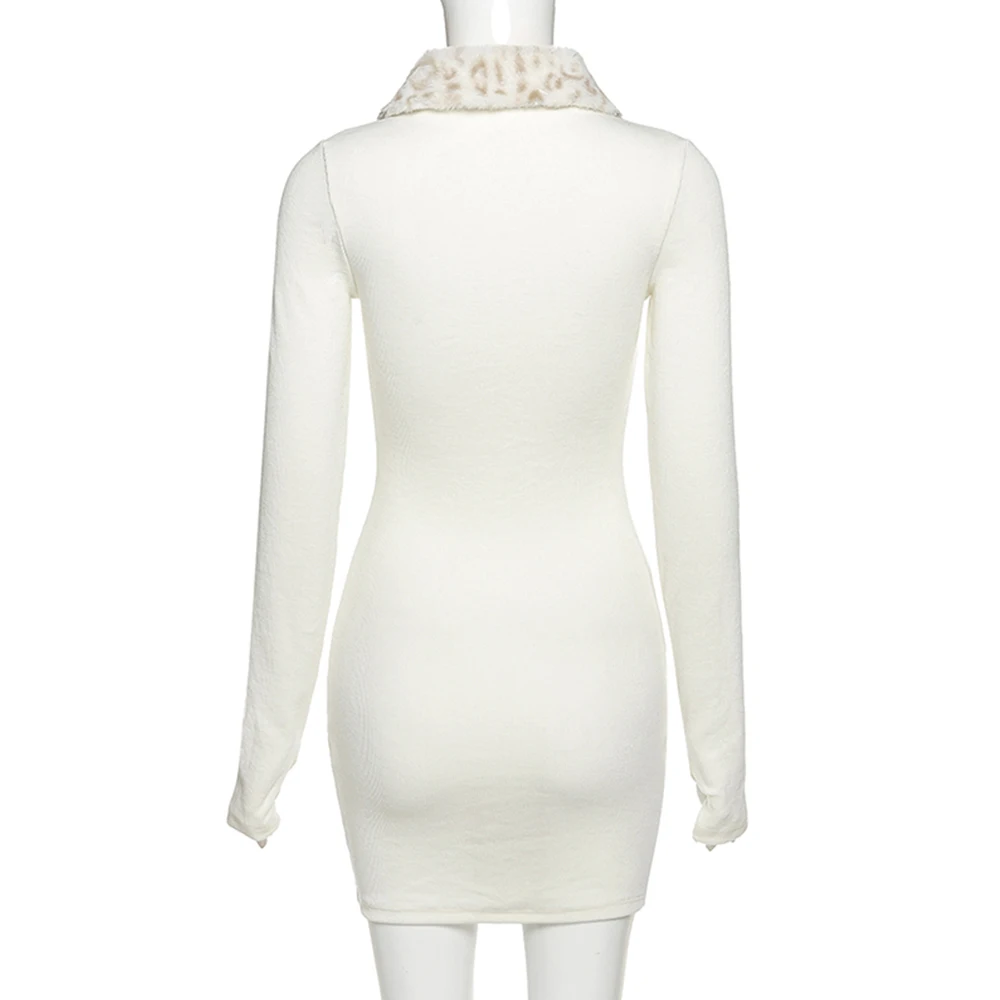 

White Dress Winter Spring Split Bodycon Dress Long Sleeve Fleece Collar Zipper Mini Dresses For Women Casual Fashion Streetwear