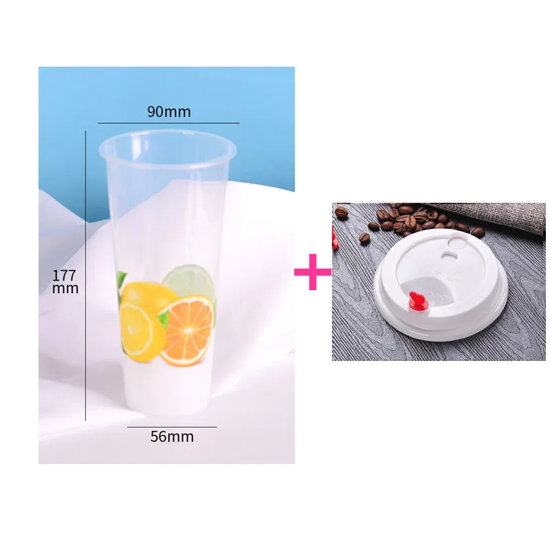 cup and lid 50 шт., 90 калибр, креативные пластиковые чашки для молока, чая, толстые, для инъекций, для напитков, сока, упаковки, вечерние, одноразовые чашки с крышкой - Цвет: cup and lid