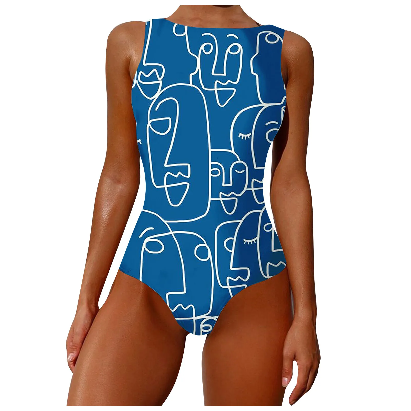 

One Piece Plus Size Swimsuit Women Graffiti Abstract Print Wide Straps High Neck Backless Swimwear Female Beachwear Dropshipping