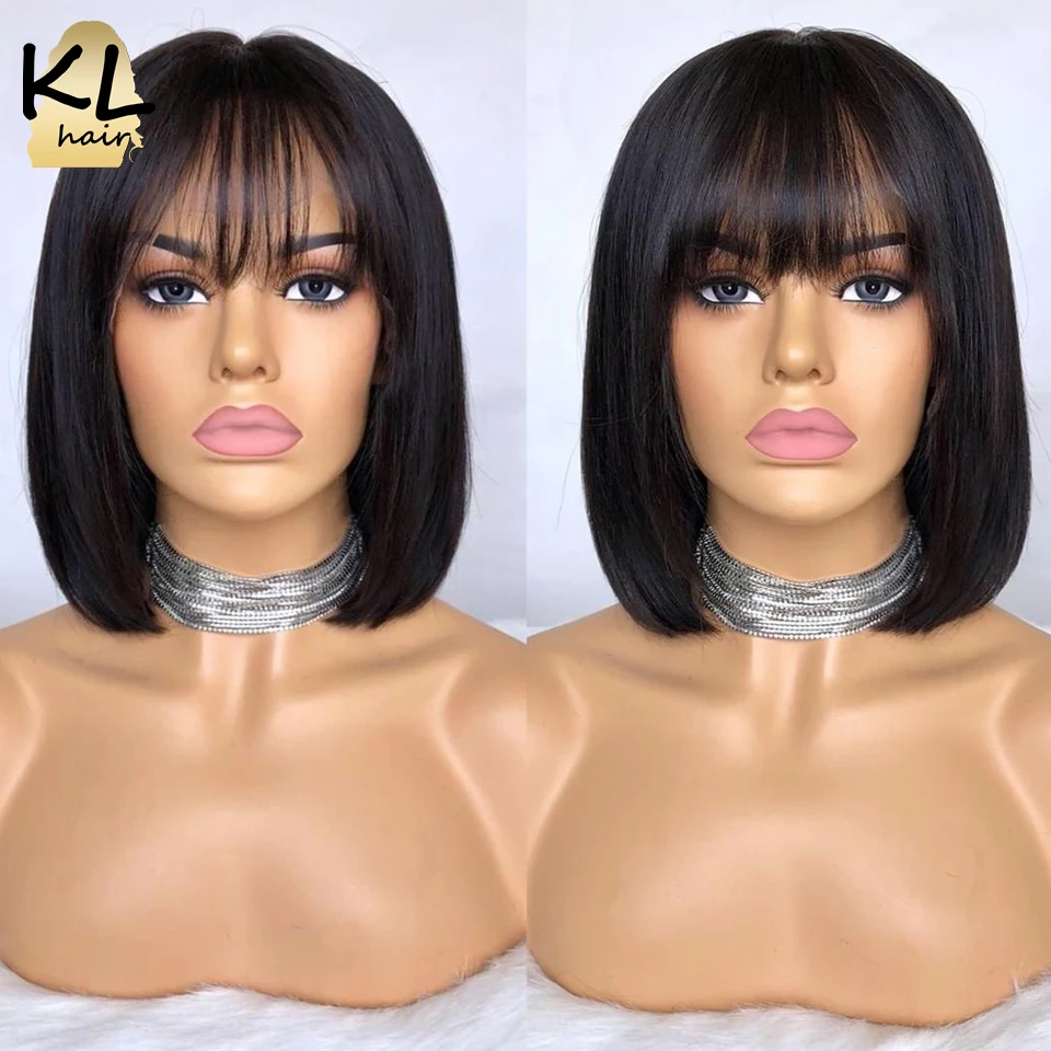 KL Hair, 13*4, парики из натуральных волос на кружеве с челкой, бразильские волосы remy, прямые короткие волосы, парик без клея, 130%, Омбре, цветные парики
