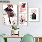 Современный женский настенный художественный принт, постер с духами, картина на высоких каблуках, макияж, холст, принт с розовыми цветами, настенные картины, украшение для спальни