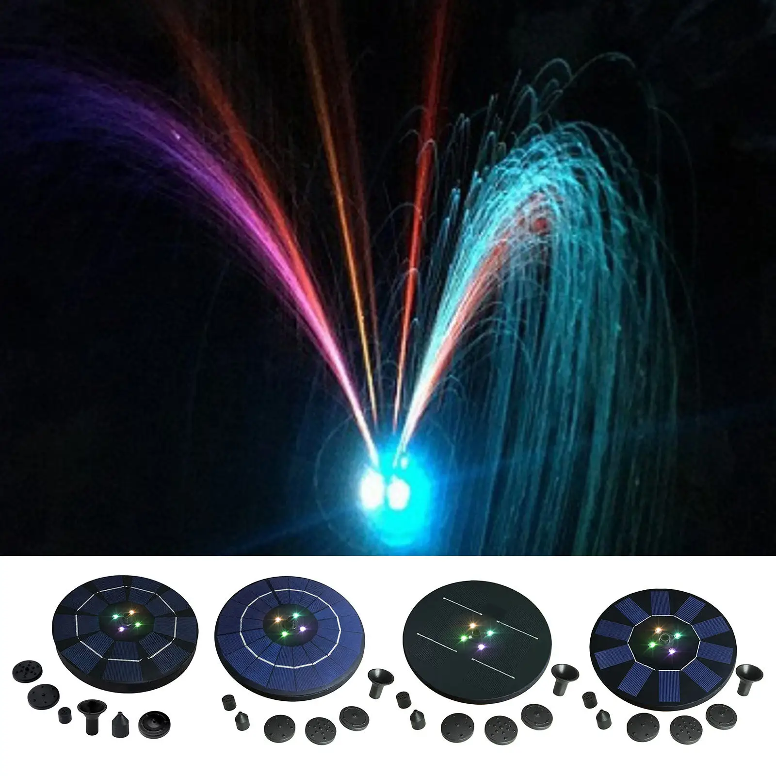 

Водяной плавающий фонтан на солнечной батарее с 5 насадками, встроенный аккумулятор для садового пруда, бассейна, аквариума, для улицы