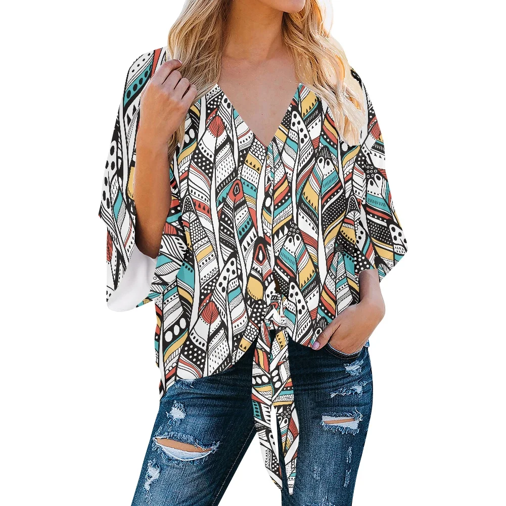 

Hot Sellers Polynesian Traditional Tribal Art Vintage Feather Tattoo Prints Ladies' Blouses Casual V-neck Women's Chiffon Shirt