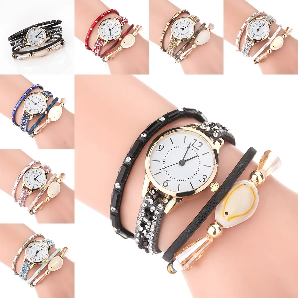 Винтажные модные женские часы с хрустальными бусинами дамский браслет кожаный