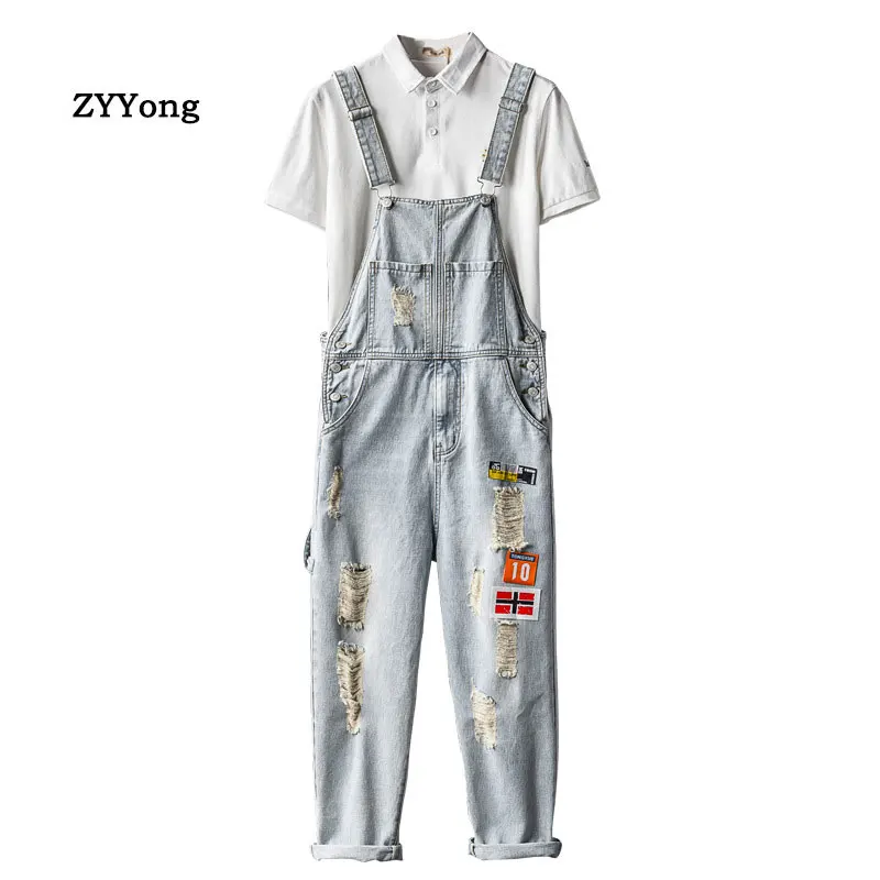 Ripped Patch Letter Men Denim Bib Overalls Loose Hip Hop Streetwear Jumpsuit Tattered Wide Leg Jeans Pants Freight Trousers