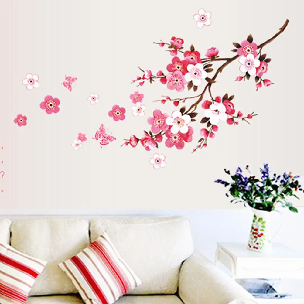 

3D Pink Removable Peach Plum Cherry Blossom Flower Butterfly Vinyl Art Decal wall Home Sticker Room Decor
