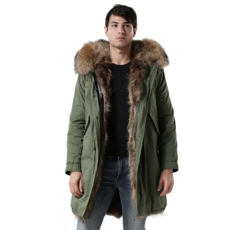 Winter Coat Fox Fur Lining Mens Army-green Long Style Fashion Real Collar Windproof Parka Factory Price Outwear | Мужская одежда