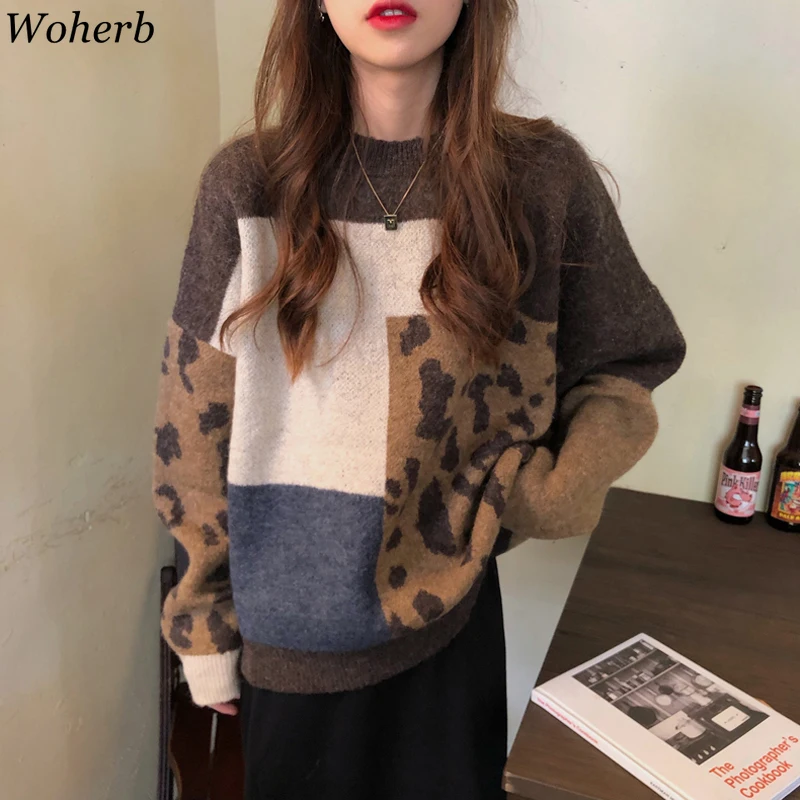 Woherb Harajuku, женские свитера, новинка, джемпер Sueter Mujer, контрастный Леопардовый принт, женский свитер большого размера, пуловеры в Корейском стиле