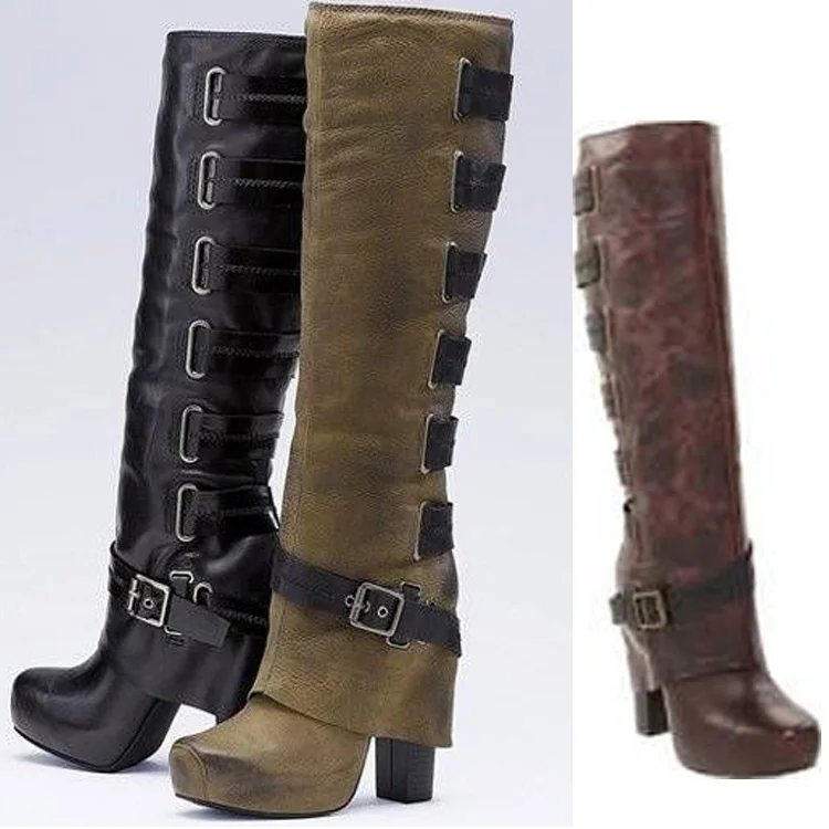 Сапоги XNHN женские на толстом каблуке ботфорты завязках мотоциклетные размеры 35-43