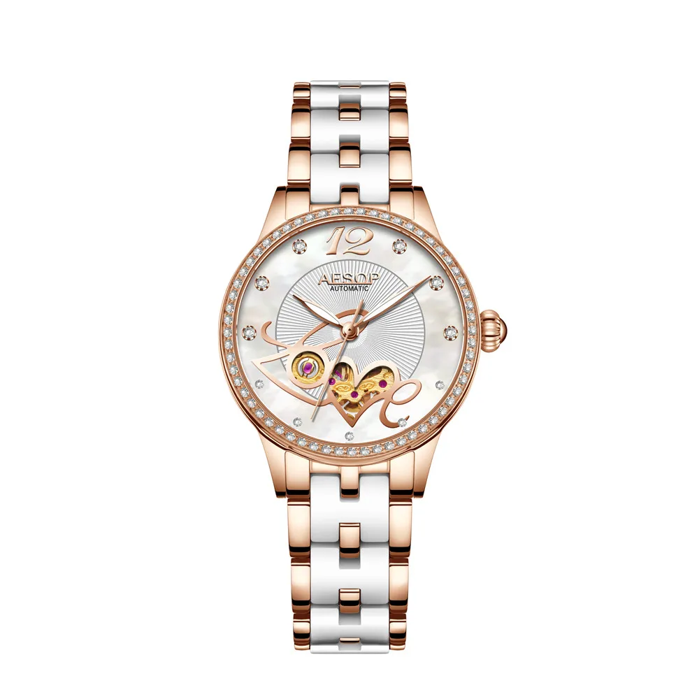 Relojes Mujer AESOP Skeleton Love Diamond Watch Women Automatic Mechanical Sapphire Wrist Watches Female Clock Relogio Feminino