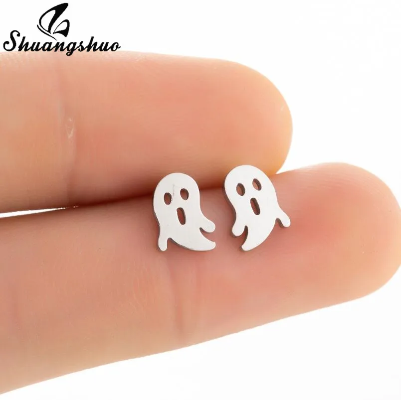 

Shuangshuo Lovely Skull and Ghost Stud Earrings Stainless Steel Cartoon Tiny Earrings Fashion Jewelry for Women Halloween Gift