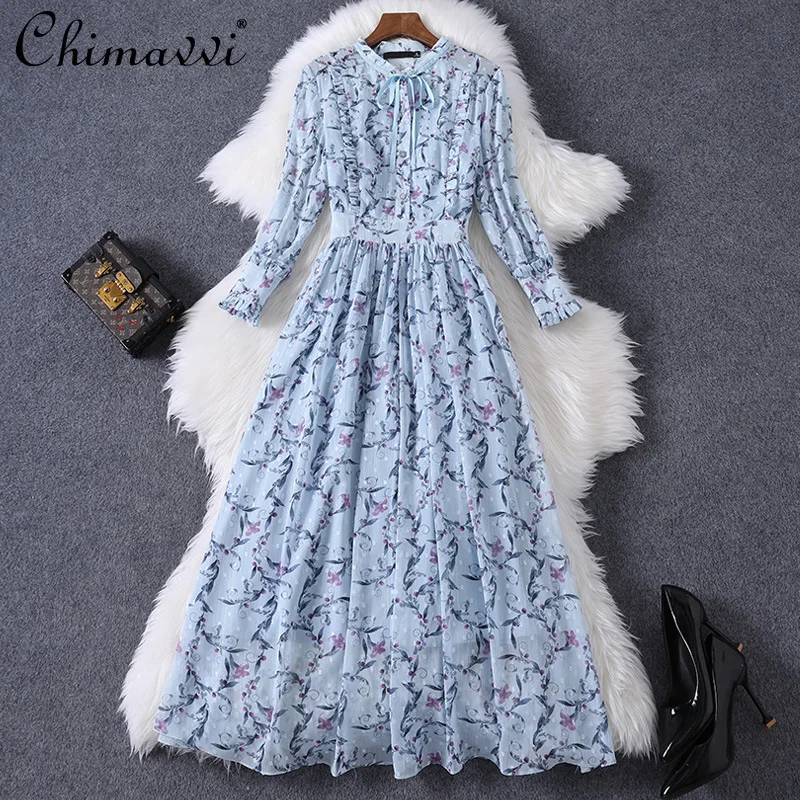 

Fashion Printed Chiffon Dress Women 2021 Spring Stand Collar Single-Breasted A- Line Dress Floral Slim-Fit Elegant Midi Dress