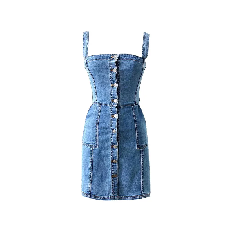 

WOMENGAGA High Street Sleeveless Single Breasted Patchwork Pocket Denim Dress Women Sexy Package Hip Mini Tank Dresses FPJU
