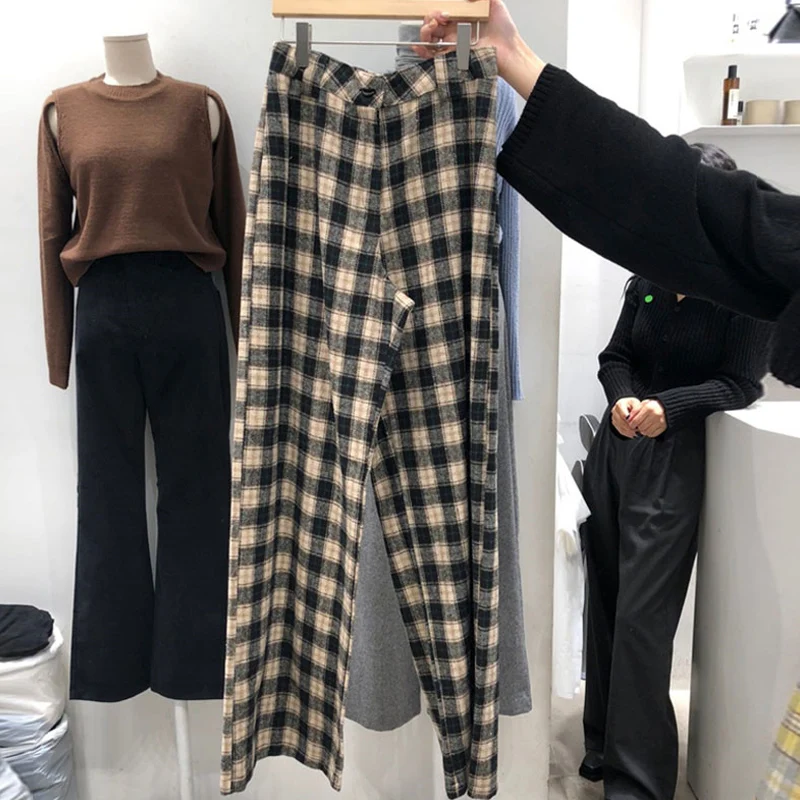 

Spring New Fashion Joker Elastic Waist Bump Color Grid Leisure Trousers Women Straight Leg