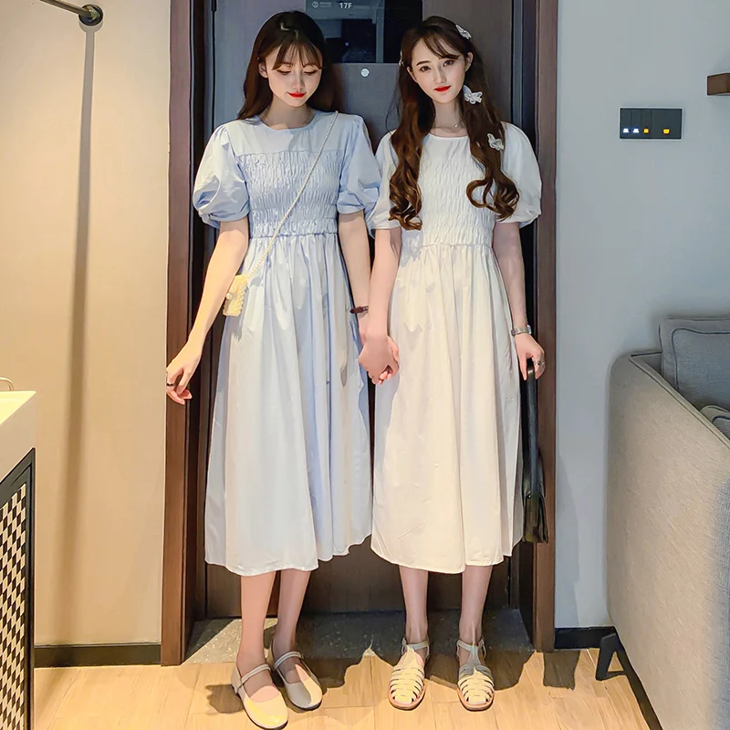 Women's Korean Style Medium Dress Solid O-Neck Short Puff Sleeves Folds High Waist A-Line Dresses Spring Summer 2021