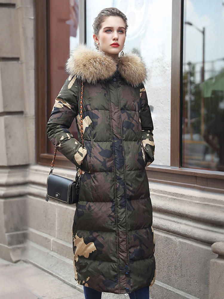 2022 New Fashion Women's Duck Down Coat Camouflage Printed Real Fur Hooded Jacket for Lady Female Winter Clothing Maxi Long XXL