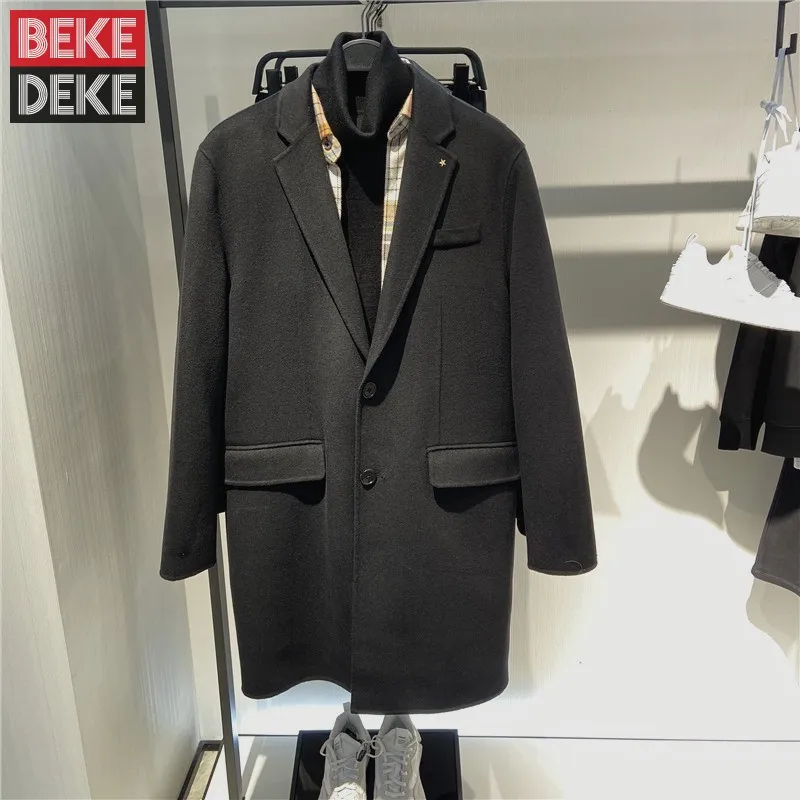 

Vintage Mens Single Breasted Long Wool Blends Coat Classic Black Autumn Winter Double Sided Woolen Overcoat Sobretudo Masculino
