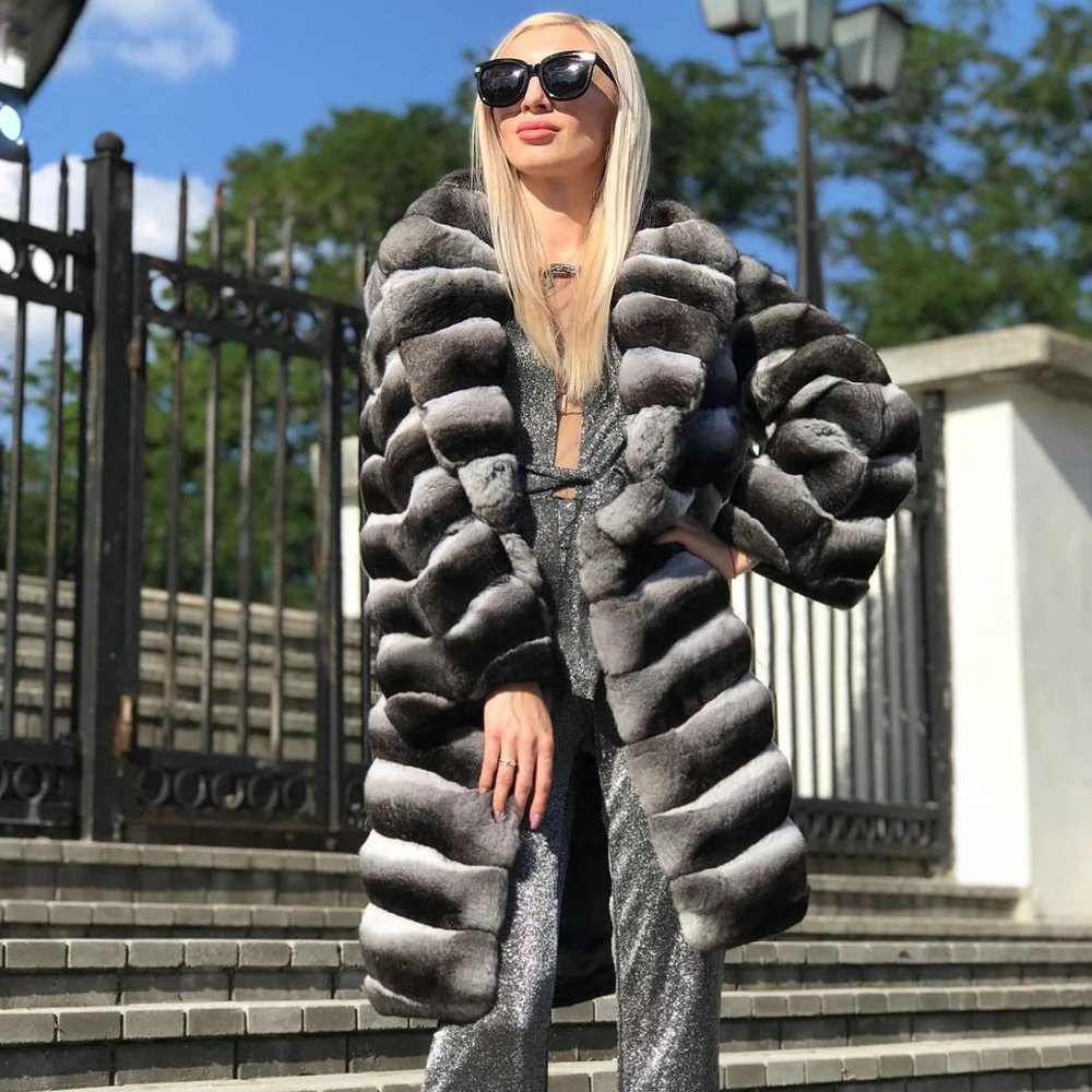 Women Long Real Rex Rabbit Fur Coat Winter Fashion 2022 New Whole Skin Genuine Rex Rabbit Fur Coat Chinchilla Color Overcoats enlarge